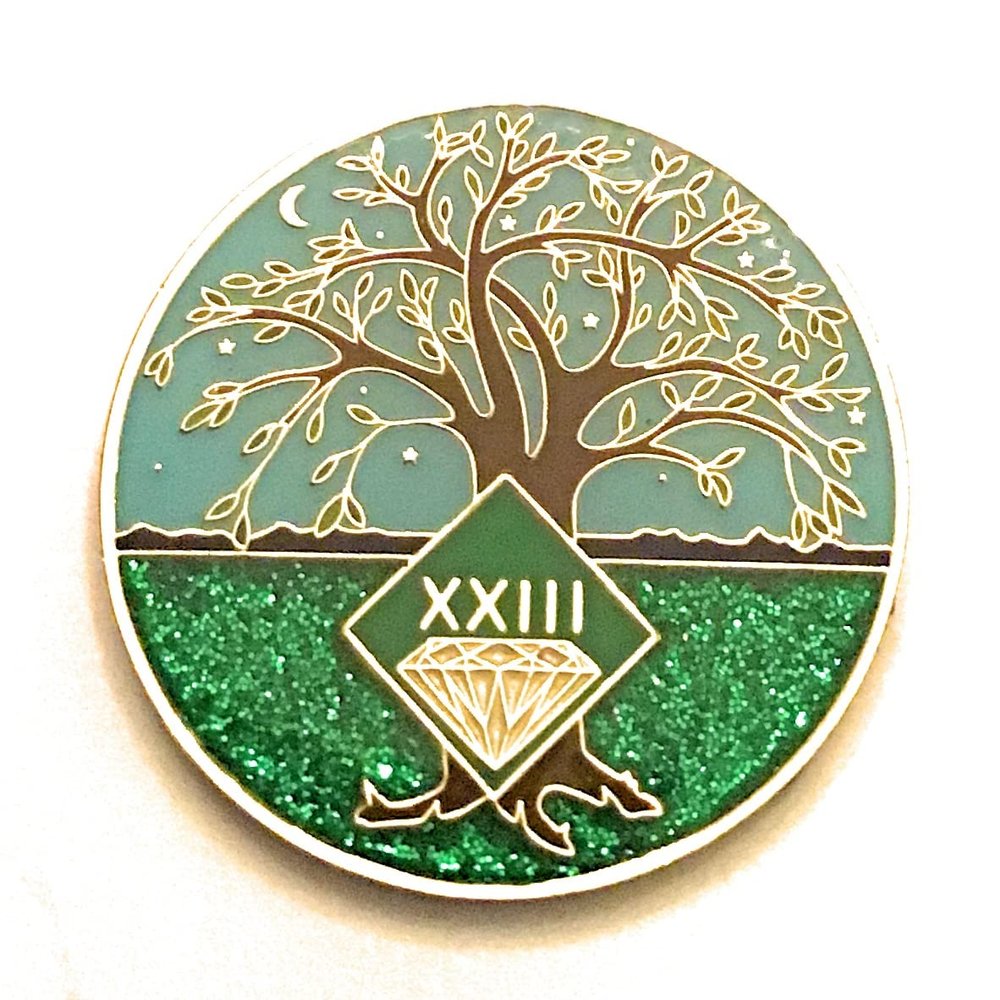 23 Year NA Medallion - Green & Blue Tree of Life , Glitter, Bling, Clean Recovery Chip, Token, Coin
