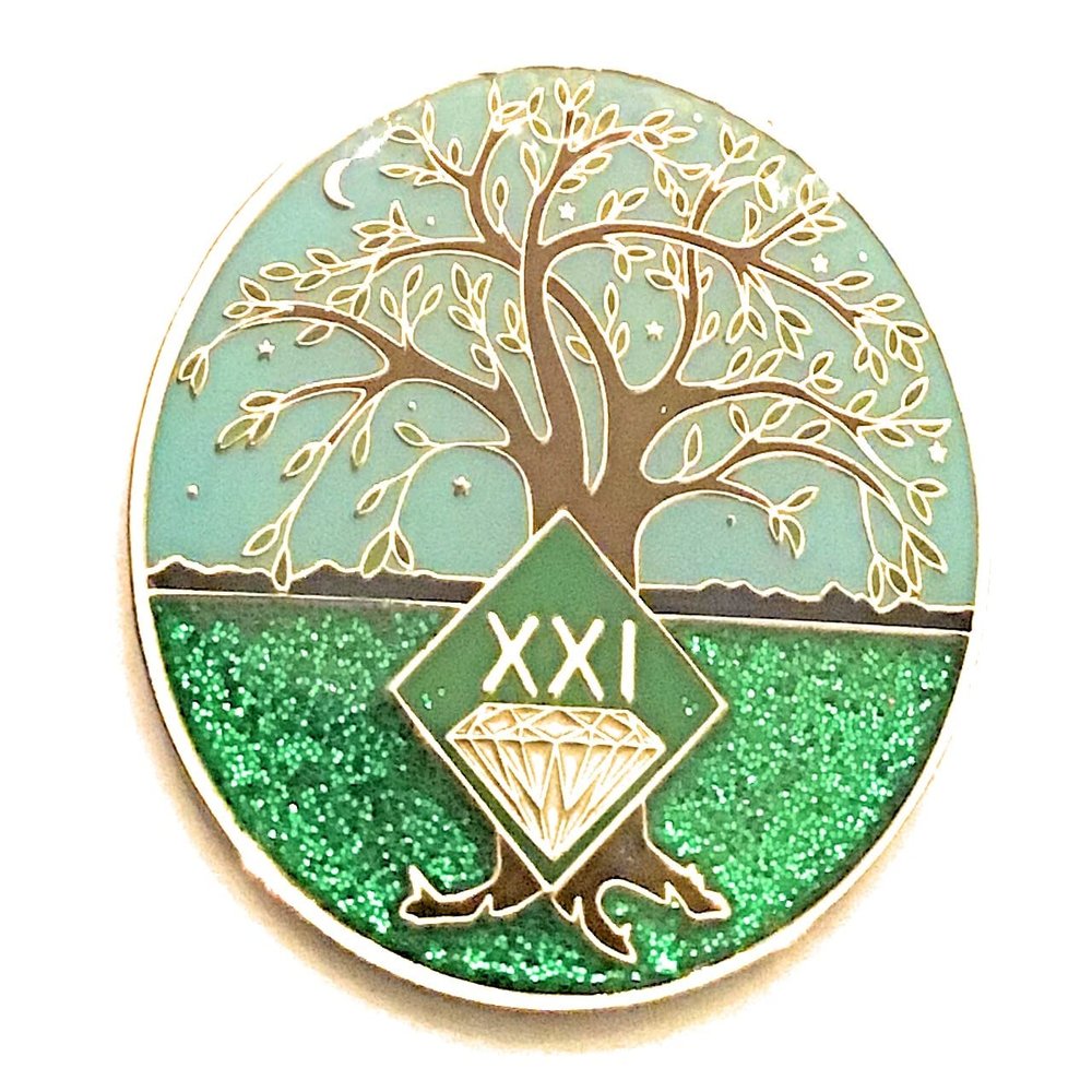 21 Year NA Medallion - Green & Blue Tree of Life , Glitter, Bling, Clean Recovery Chip, Token, Coin