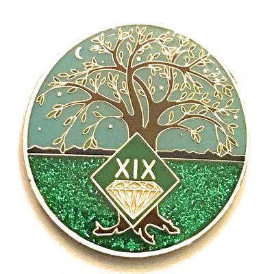 19 Year NA Medallion - Green & Blue Tree of Life , Glitter, Bling, Clean Recovery Chip, Token, Coin