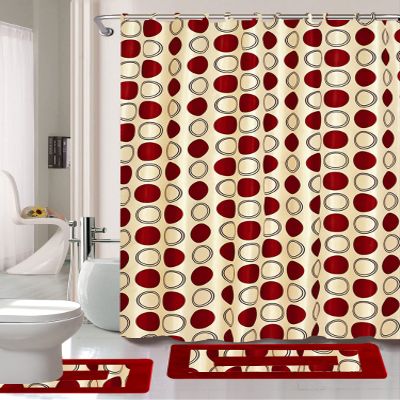 15 Piece Complete Bathroom Bundle Set Printed Design Assorted Colors Bathroom Decor with Shower Curtain, with Hooks and Non Slip Math Rugs (Dotted Burgundy)