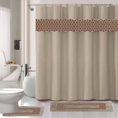 15 Piece Complete Bathroom Bundle Set Printed Design Assorted Colors Bathroom Decor with Shower Curtain, with Hooks and Non Slip Math Rugs (Fresco Taupe)