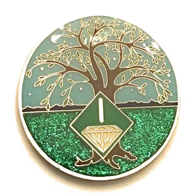 1 Year NA Medallion - Green & Blue Tree of Life , Glitter, Bling, Clean Recovery Chip, Token, Coin
