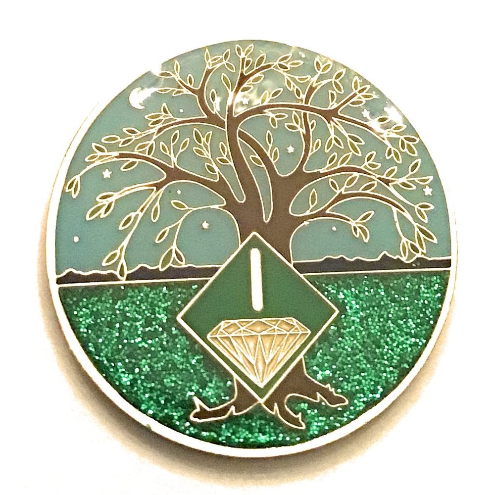1 Year NA Medallion - Green & Blue Tree of Life , Glitter, Bling, Clean Recovery Chip, Token, Coin
