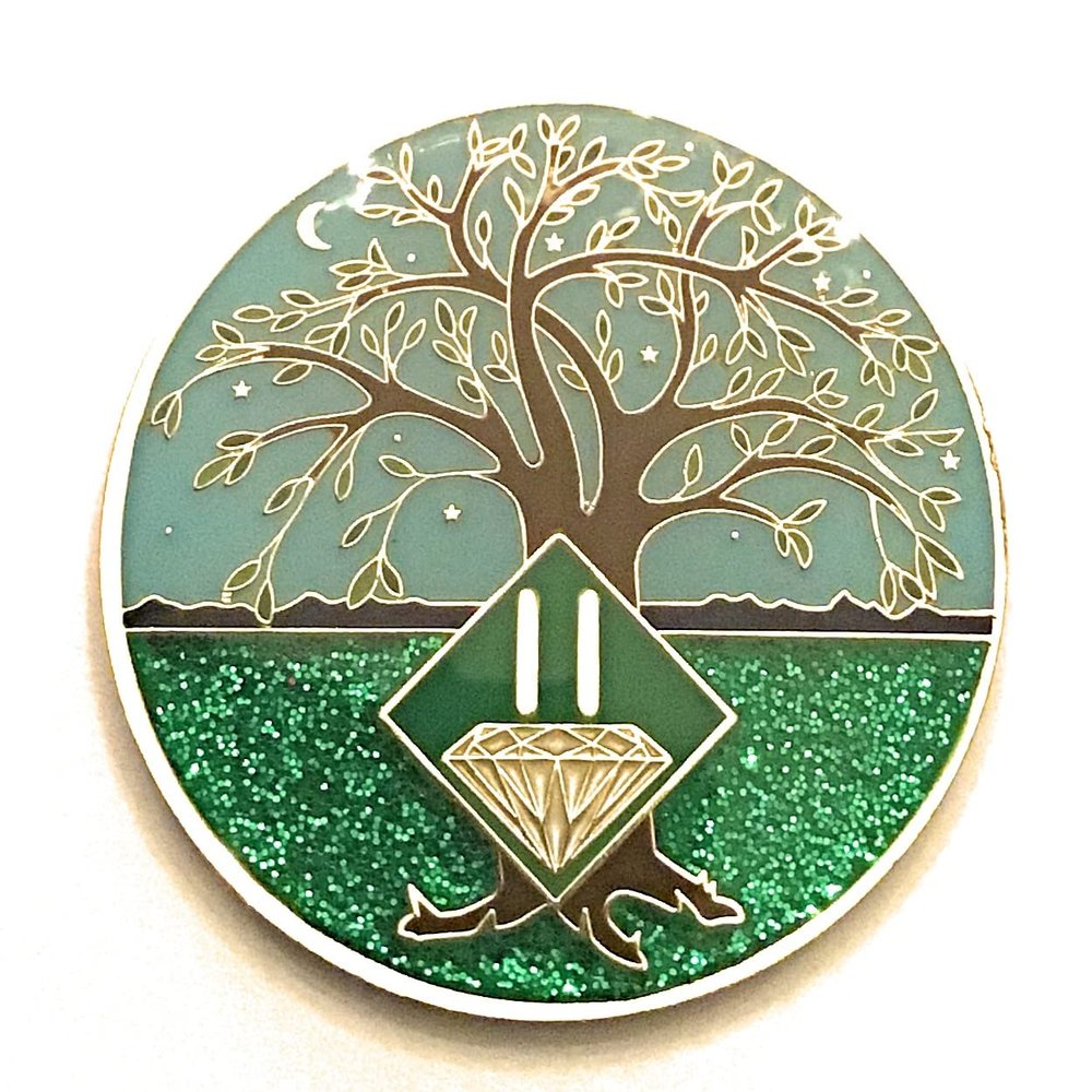 2 Year NA Medallion - Green & Blue Tree of Life , Glitter, Bling, Clean Recovery Chip, Token, Coin