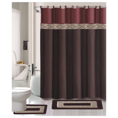 15 Piece Complete Bathroom Bundle Set Printed Design Assorted Colors Bathroom Decor with Shower Curtain, with Hooks and Non Slip Math Rugs (Dynasty Brown)