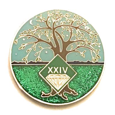24 Year NA Medallion - Green & Blue Tree of Life , Glitter, Bling, Clean Recovery Chip, Token, Coin