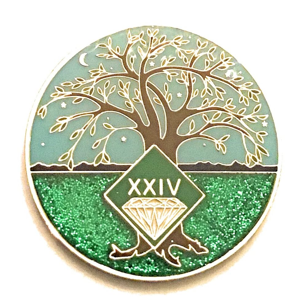 24 Year NA Medallion - Green & Blue Tree of Life , Glitter, Bling, Clean Recovery Chip, Token, Coin
