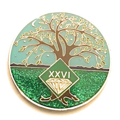 26 Year NA Medallion - Green & Blue Tree of Life , Glitter, Bling, Clean Recovery Chip, Token, Coin