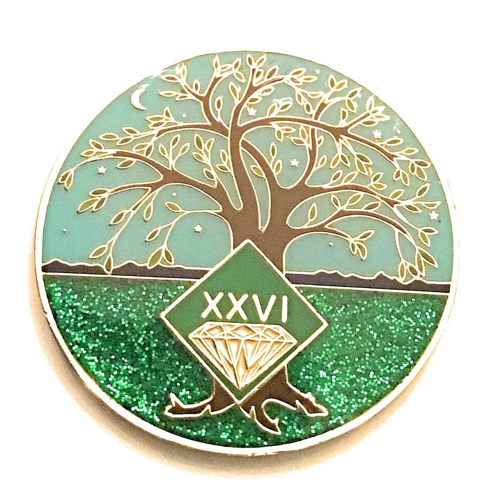 26 Year NA Medallion - Green & Blue Tree of Life , Glitter, Bling, Clean Recovery Chip, Token, Coin