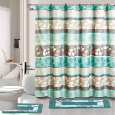 15 Piece Complete Bathroom Bundle Set Printed Design Assorted Colors Bathroom Decor with Shower Curtain, with Hooks and Non Slip Math Rugs (Zen Mint)