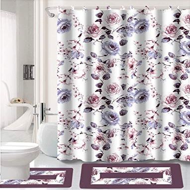 15 Piece Complete Bathroom Bundle Set Printed Design Assorted Colors Bathroom Decor with Shower Curtain, with Hooks and Non Slip Math Rugs (Peony Purple)
