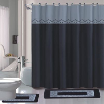 15 Piece Complete Bathroom Bundle Set Printed Design Assorted Colors Bathroom Decor with Shower Curtain, with Hooks and Non Slip Math Rugs (Kadir Black)