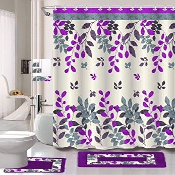 15 Piece Complete Bathroom Bundle Set Printed Design Assorted Colors Bathroom Decor with Shower Curtain, with Hooks and Non Slip Math Rugs (Hinata Lilac)