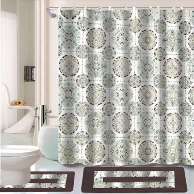 15 Piece Complete Bathroom Bundle Set Printed Design Assorted Colors Bathroom Decor with Shower Curtain, with Hooks and Non Slip Math Rugs (Itake Brown)