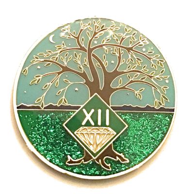 12 Year NA Medallion - Green & Blue Tree of Life , Glitter, Bling, Clean Recovery Chip, Token, Coin