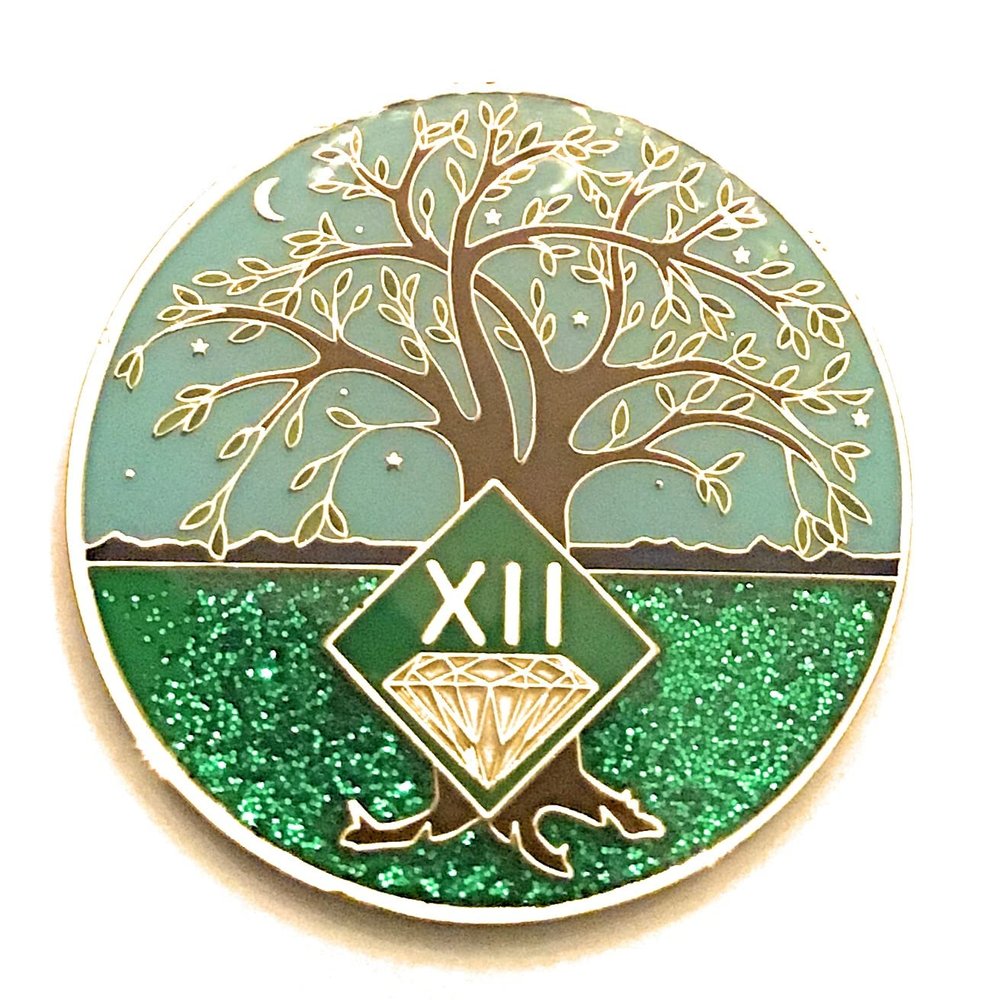 12 Year NA Medallion - Green & Blue Tree of Life , Glitter, Bling, Clean Recovery Chip, Token, Coin