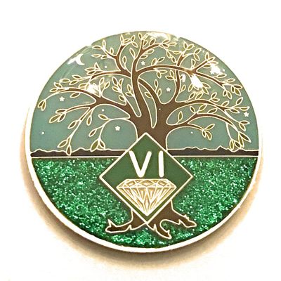 6 Year NA Medallion - Green & Blue Tree of Life , Glitter, Bling, Clean Recovery Chip, Token, Coin