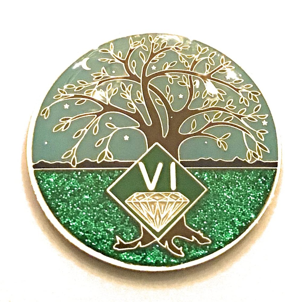 6 Year NA Medallion - Green & Blue Tree of Life , Glitter, Bling, Clean Recovery Chip, Token, Coin