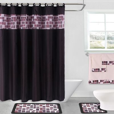 15 Piece Complete Bathroom Bundle Set Printed Design Assorted Colors Bathroom Decor with Shower Curtain, with Hooks and Non Slip Math Rugs (Mosaic Black)