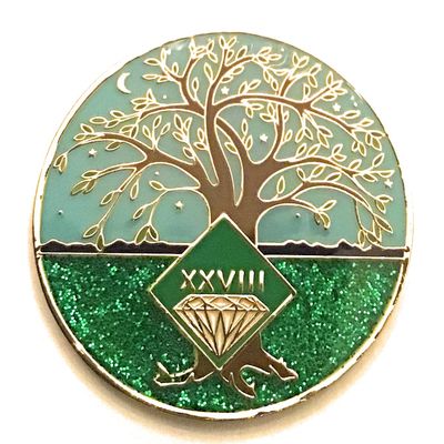 28 Year NA Medallion - Green & Blue Tree of Life , Glitter, Bling, Clean Recovery Chip, Token, Coin