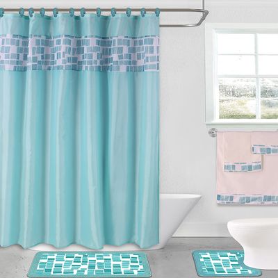 15 Piece Complete Bathroom Bundle Set Printed Design Assorted Colors Bathroom Decor with Shower Curtain, with Hooks and Non Slip Math Rugs (Mosaic Turquoise)
