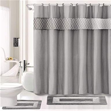 15 Piece Complete Bathroom Bundle Set Printed Design Assorted Colors Bathroom Decor with Shower Curtain, with Hooks and Non Slip Math Rugs (Mosaic Grey)
