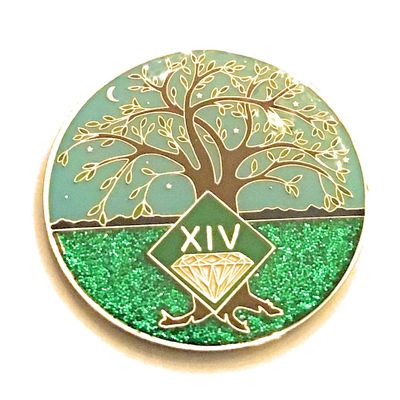 14 Year NA Medallion - Green & Blue Tree of Life , Glitter, Bling, Clean Recovery Chip, Token, Coin
