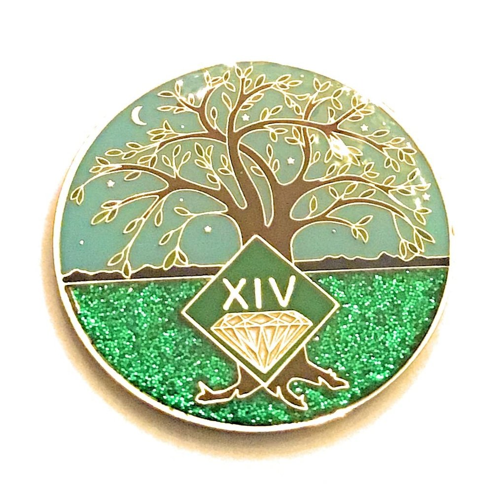14 Year NA Medallion - Green & Blue Tree of Life , Glitter, Bling, Clean Recovery Chip, Token, Coin