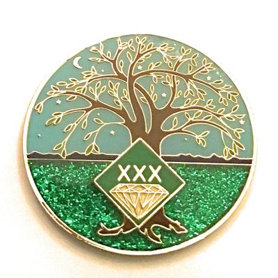 30 Year NA Medallion - Green & Blue Tree of Life , Glitter, Bling, Clean Recovery Chip, Token, Coin