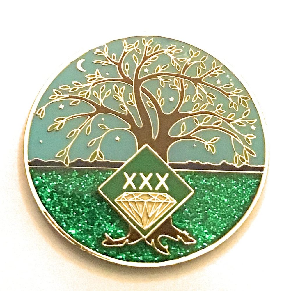 30 Year NA Medallion - Green & Blue Tree of Life , Glitter, Bling, Clean Recovery Chip, Token, Coin