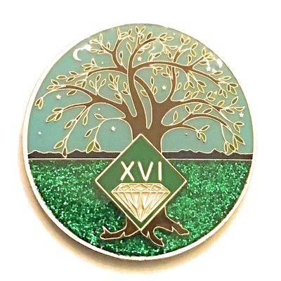 16 Year NA Medallion - Green & Blue Tree of Life , Glitter, Bling, Clean Recovery Chip, Token, Coin