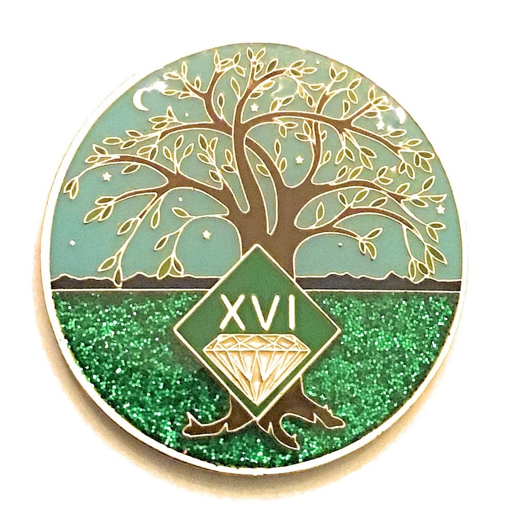 16 Year NA Medallion - Green & Blue Tree of Life , Glitter, Bling, Clean Recovery Chip, Token, Coin