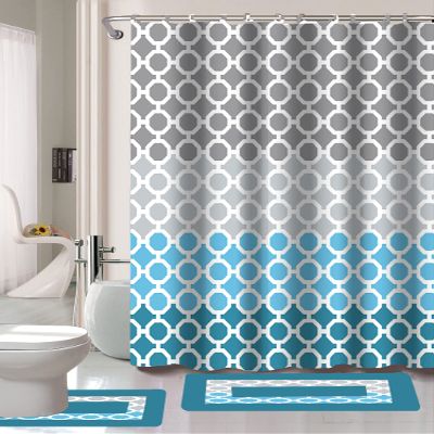 15 Piece Complete Bathroom Bundle Set Printed Design Assorted Colors Bathroom Decor with Shower Curtain, with Hooks and Non Slip Math Rugs (Olivia Turquoise Blue)