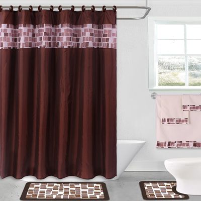 15 Piece Complete Bathroom Bundle Set Printed Design Assorted Colors Bathroom Decor with Shower Curtain, with Hooks and Non Slip Math Rugs (Mosaic Brown)