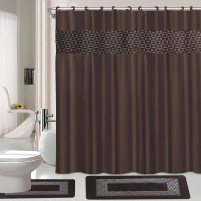 15 Piece Complete Bathroom Bundle Set Printed Design Assorted Colors Bathroom Decor with Shower Curtain, with Hooks and Non Slip Math Rugs (Fresco Brown)