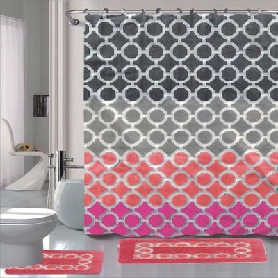 15 Piece Complete Bathroom Bundle Set Printed Design Assorted Colors Bathroom Decor with Shower Curtain, with Hooks and Non Slip Math Rugs (Hajar Orange)