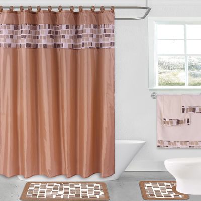 15 Piece Complete Bathroom Bundle Set Printed Design Assorted Colors Bathroom Decor with Shower Curtain, with Hooks and Non Slip Math Rugs (Mosaic Taupe)