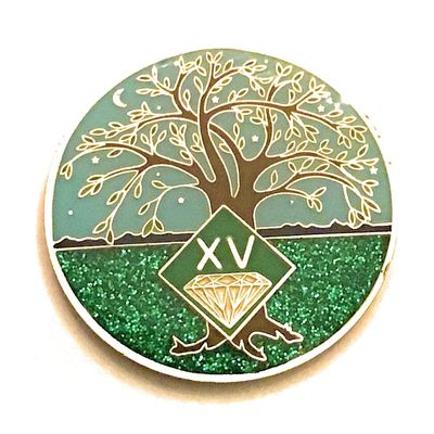 15 Year NA Medallion - Green & Blue Tree of Life , Glitter, Bling, Clean Recovery Chip, Token, Coin
