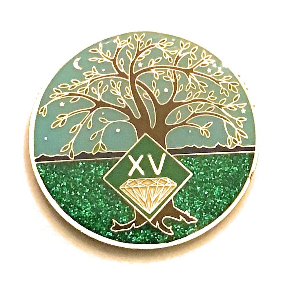 15 Year NA Medallion - Green & Blue Tree of Life , Glitter, Bling, Clean Recovery Chip, Token, Coin