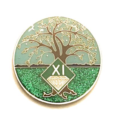 11 Year NA Medallion - Green & Blue Tree of Life , Glitter, Bling, Clean Recovery Chip, Token, Coin