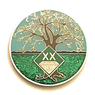 20 Year NA Medallion - Green & Blue Tree of Life , Glitter, Bling, Clean Recovery Chip, Token, Coin