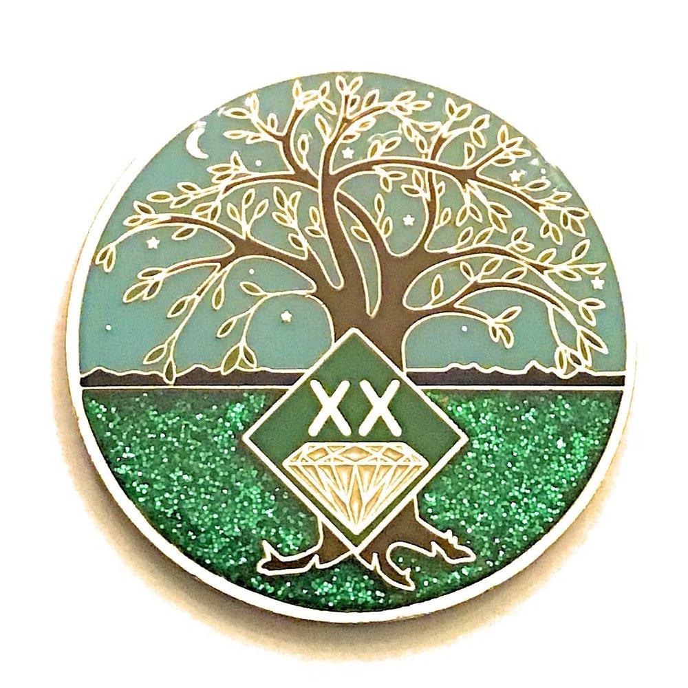 20 Year NA Medallion - Green & Blue Tree of Life , Glitter, Bling, Clean Recovery Chip, Token, Coin