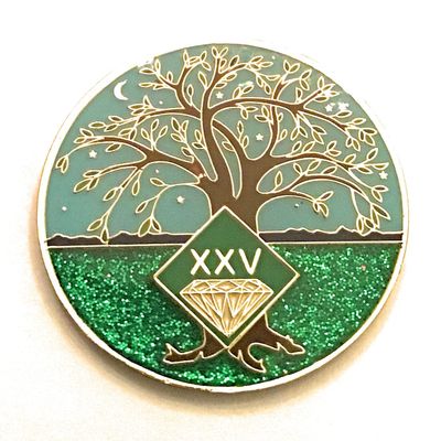 25 Year NA Medallion - Green & Blue Tree of Life , Glitter, Bling, Clean Recovery Chip, Token, Coin