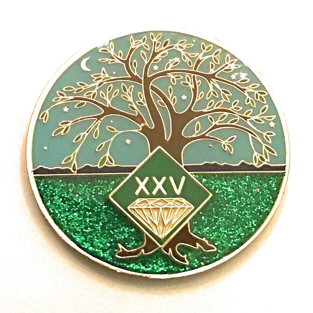 25 Year NA Medallion - Green & Blue Tree of Life , Glitter, Bling, Clean Recovery Chip, Token, Coin