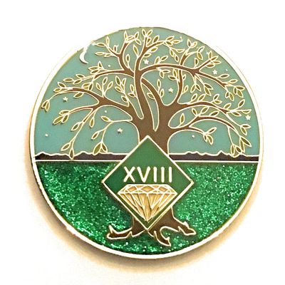 18 Year NA Medallion - Green & Blue Tree of Life , Glitter, Bling, Clean Recovery Chip, Token, Coin