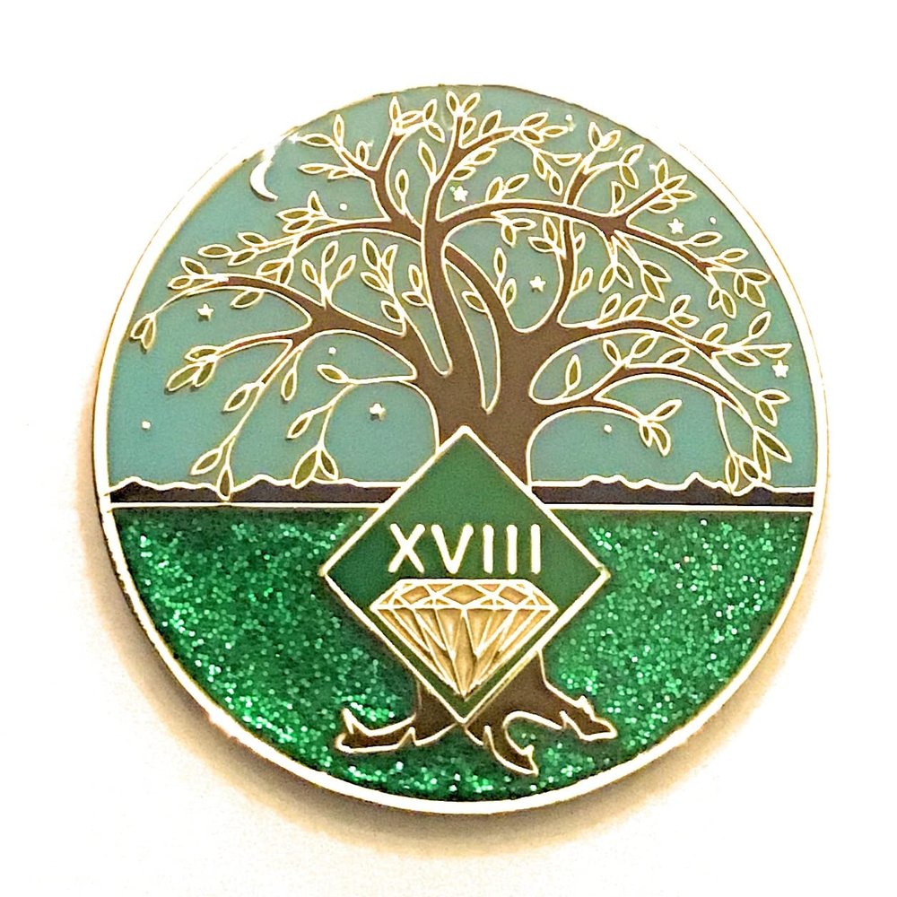 18 Year NA Medallion - Green & Blue Tree of Life , Glitter, Bling, Clean Recovery Chip, Token, Coin
