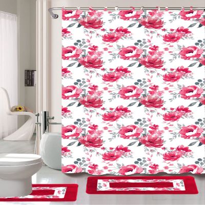 15 Piece Complete Bathroom Bundle Set Printed Design Assorted Colors Bathroom Decor with Shower Curtain, with Hooks and Non Slip Math Rugs (Camelia Red)