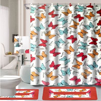 15 Piece Complete Bathroom Bundle Set Printed Design Assorted Colors Bathroom Decor with Shower Curtain, with Hooks and Non Slip Math Rugs (#2 Butterfly Red)