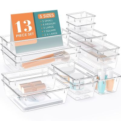13 PCS Drawer Organizer Set, 5 Size Bathroom and kitchen organizer Trays