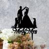 Bride And Groom Silhouette Cake Topper For Wedding With Dog Black Acrylic Custom Cake Topper With Sphynx Cat And Shiba Inu Bride And Groom Personalized Cake Toppers Mr & Mrs Wedding Cake Toppers view 2